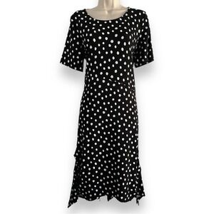 Lisa Bayne Polka Dot Midi Dress M Petite Black White Handkerchief Hem